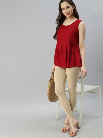 Ankle Length Leggings with Pocket - Beige