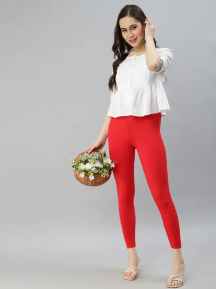 Ankle Length Leggings with Pocket - Red