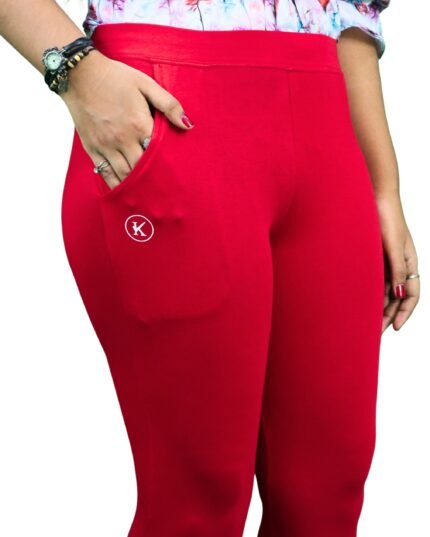 Ankle Length Leggings with Pocket Bio Wash Fabric – Red